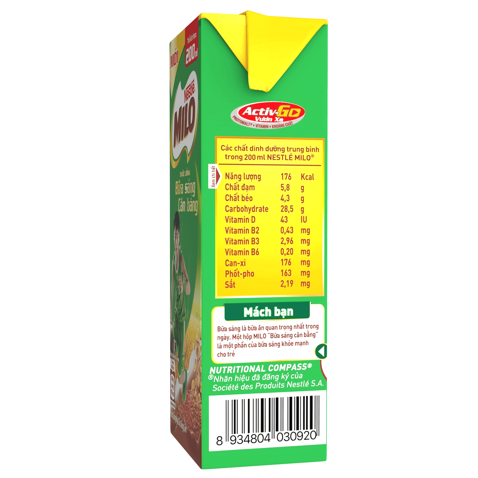 Thông tin Giá trị dinh dưỡng của sản phẩm thức uống ngũ cốc uống liền Nestlé® MILO®  Bữa Sáng Cân Bằng
